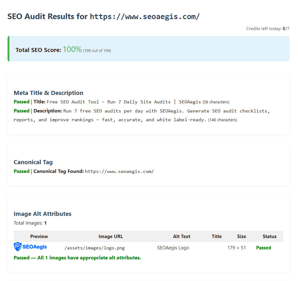 Free Website SEO Audit Report – SEOAegis Screenshot